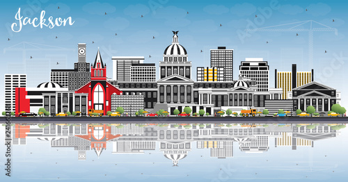 Jackson Mississippi City Skyline with Gray Buildings, Blue Sky and Reflections.