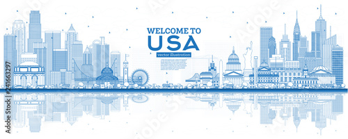 Outline Welcome to USA Skyline with Blue Buildings and Reflections.
