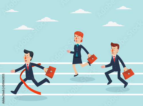 Business people running to finish line. Concept of business competition - Vector 