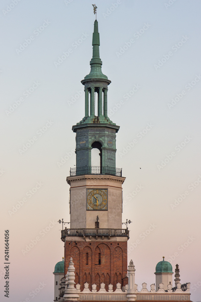 Poznan, Poland - October 12, 2018: View at sunset on tower of town hall in polish city Poznan