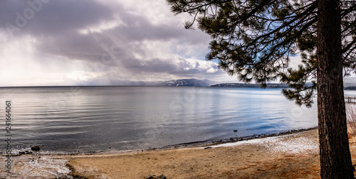 Stormy winter day on the shoreline of Lake Tahoe, Sierra mountains, California