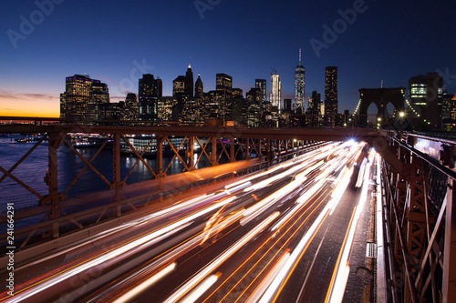 Busy traffic in New York City, Manhattan, Brooklyn Bridge.