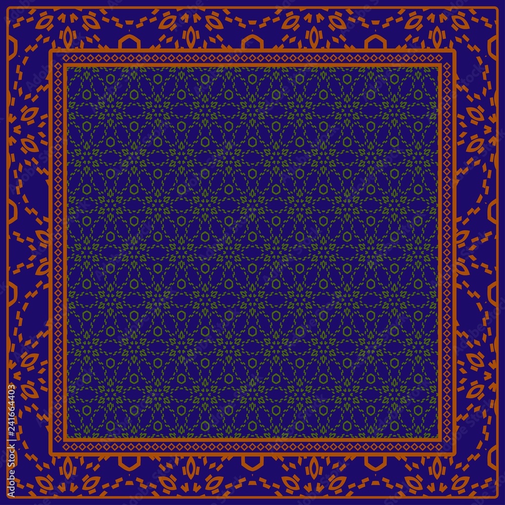 Decorative Pattern With Geometric Decoration. Symmetric Pattern . For Print Bandanna, Tablecloth, Fabric Fashion. blue, brown color Decorative Pattern With Geometric Decoration. Symmetric Pattern . For Print Bandanna, Tablecloth, Fabric Fashion. blue, brown color