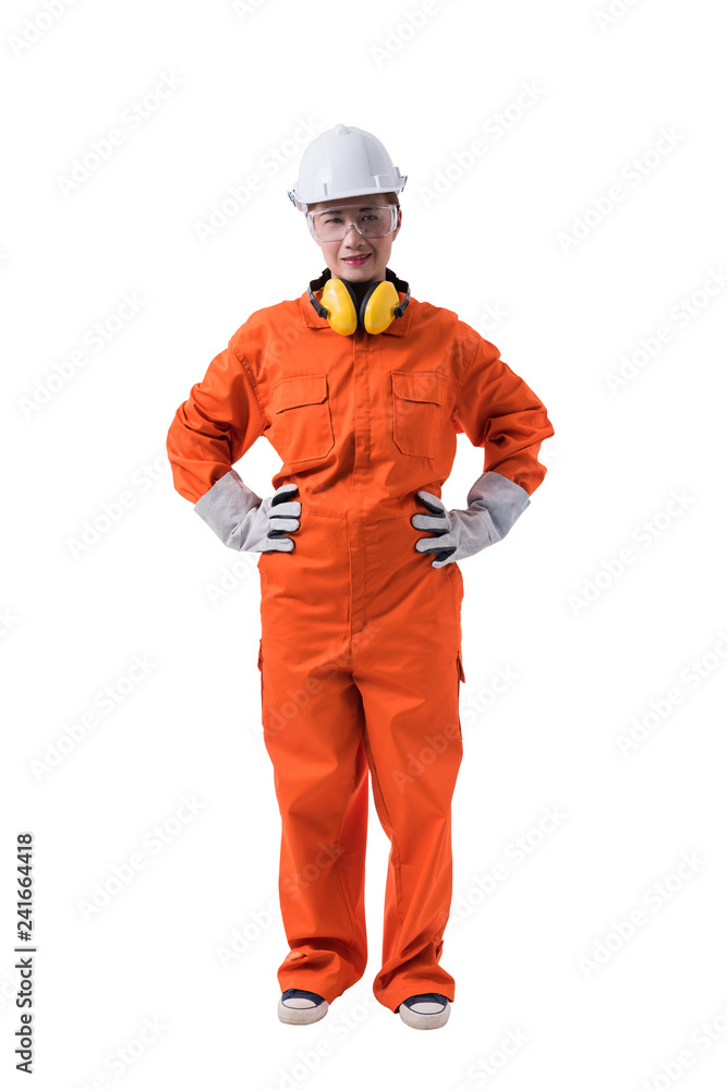 Full body portrait of a woman worker in Mechanic Jumpsuit isolated on white background Full body portrait of a woman worker in Mechanic Jumpsuit isolated on white background