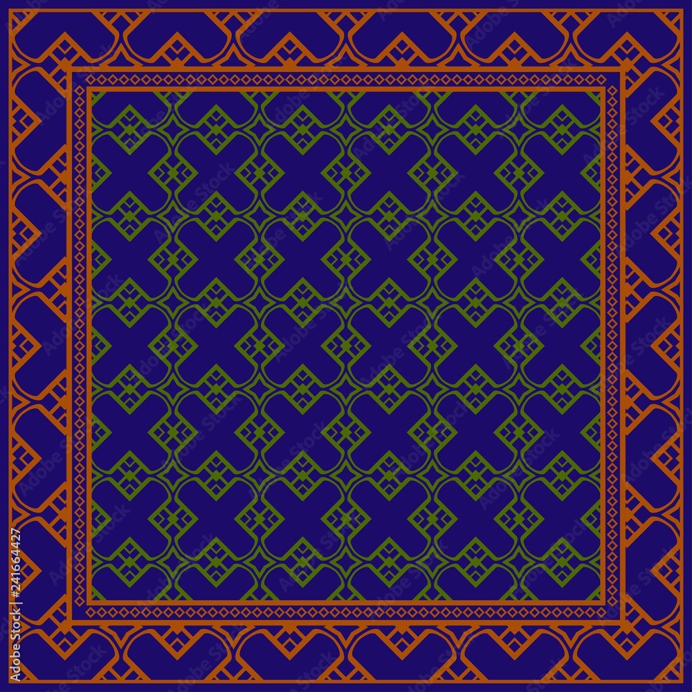 Decorative Pattern With Geometric Decoration. Symmetric Pattern . For Print Bandanna, Tablecloth, Fabric Fashion. blue, brown color Decorative Pattern With Geometric Decoration. Symmetric Pattern . For Print Bandanna, Tablecloth, Fabric Fashion. blue, brown color
