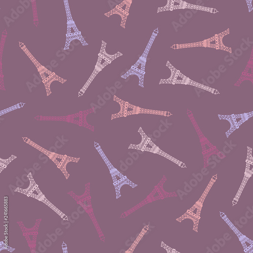 Vector seamless pattern with hand drawn colorful Eiffel towers.