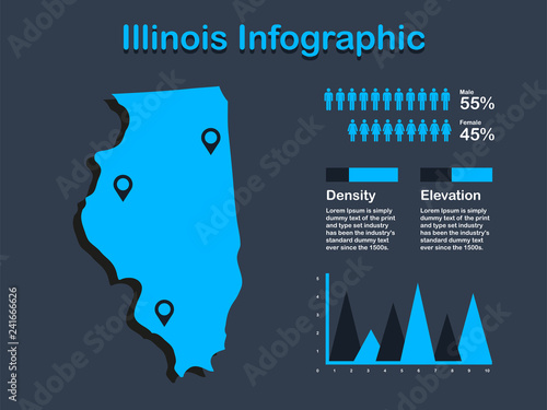 Illinois State (USA) Map with Set of Infographic Elements in Blue Color in Dark Background. Modern Information Graphics Element for your design.
