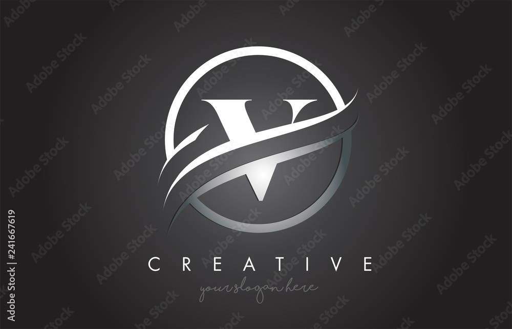 V Letter Logo Design with Circle Steel Swoosh Border and Creative Icon ...