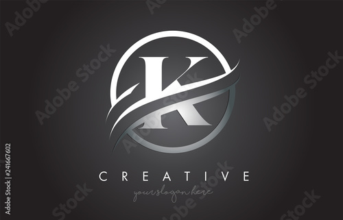 K Letter Logo Design with Circle Steel Swoosh Border and Creative Icon Design.