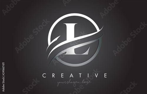 L Letter Logo Design with Circle Steel Swoosh Border and Creative Icon Design.