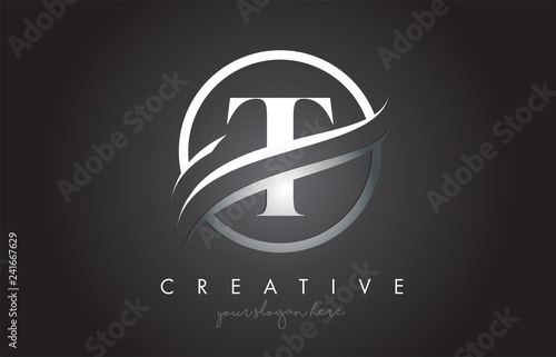 T Letter Logo Design with Circle Steel Swoosh Border and Creative Icon Design. photo