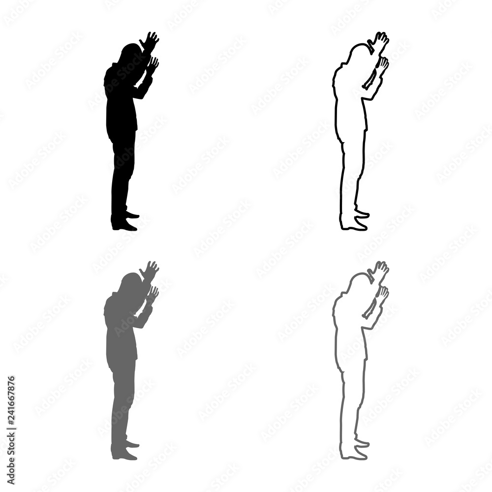 Concept of failure what is it for me problem Man raised hands silhouette icon set grey black color illustration outline flat style simple image Concept of failure what is it for me problem Man raised hands silhouette icon set grey black color illustration outline flat style simple image