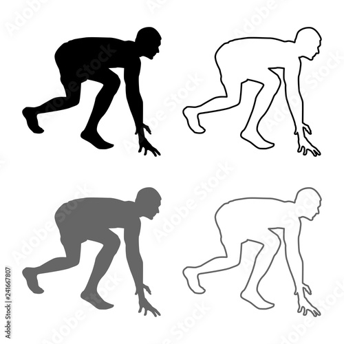 Runner preparing to start running Start running Runner in ready posture to sprint silhouette Ready to start icon set grey black color illustration outline flat style simple image