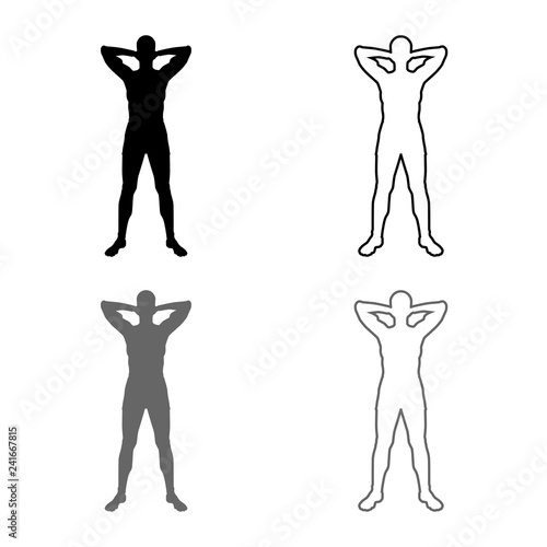 Concept relax Sportsman doing exercise Man holds hands behind head icon set grey black color illustration outline flat style simple image