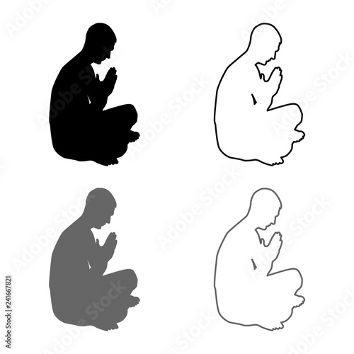 Man praying silhouette icon set grey black color illustration outline flat style simple image