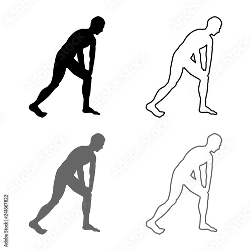 Man doing exercises for warm up Sport action male Workout silhouette before you run side view icon set grey black color illustration outline flat style simple image
