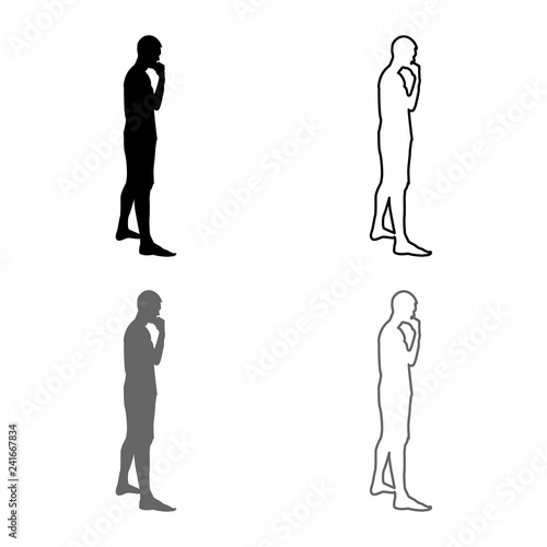 Thinking man standing silhouette Pensive person side view icon set grey black color illustration outline flat style simple image