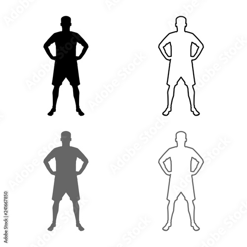 Man holding hands on belt confidence concept silhouette manager business icon set grey black color illustration outline flat style simple image
