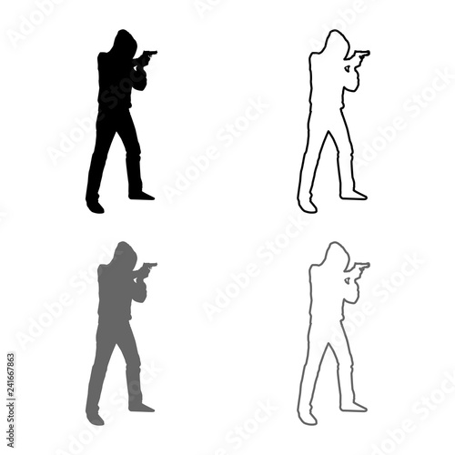Man in the hood with gun Concept danger short arm icon set grey black color illustration outline flat style simple image