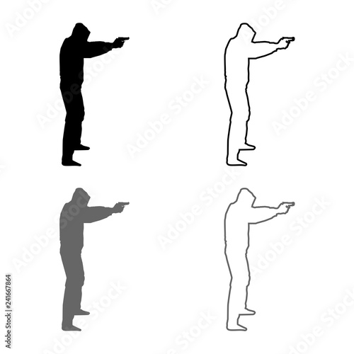 Man in the hood with gun Concept danger outstretched arms icon set grey black color illustration outline flat style simple image