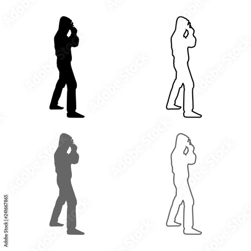 Man in the hood with gun Concept danger short arm near head icon set grey black color illustration outline flat style simple image