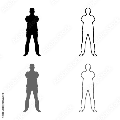 Confident man crossed his arms Business man silhouette concept front view icon set grey black color illustration outline flat style simple image
