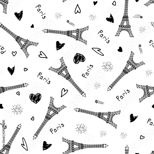 Vector seamless pattern with hand drawn Eiffel towers, hearts, fireworks and word Paris.