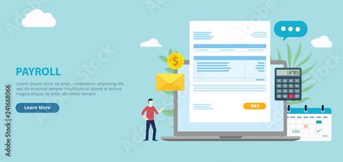payroll employee worker with invoice paper on the front of laptop with website design page style banner