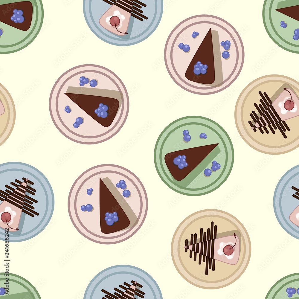 Flat cakes top view pastel pattern. Vector illustration