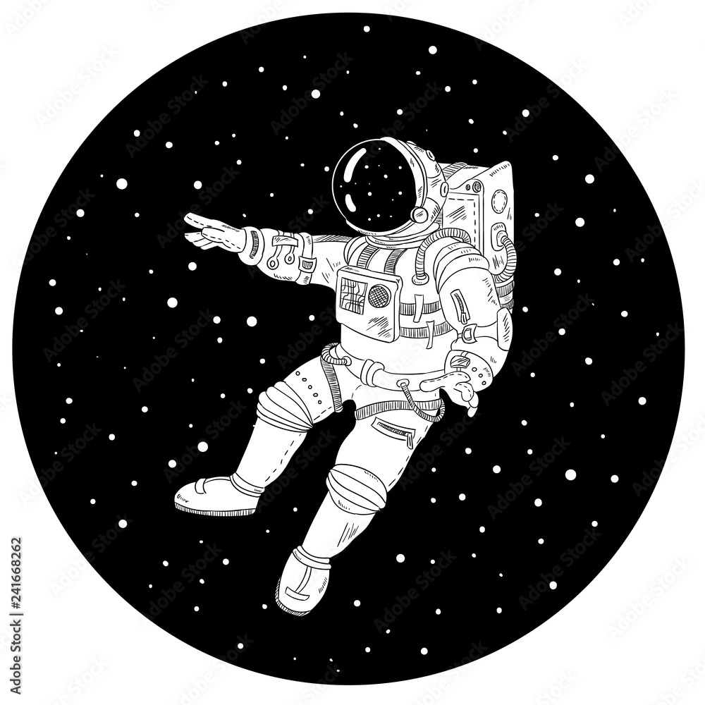 Astronaut in outer space black and white illustration Stock Vector