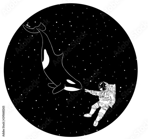Astronaut and orca in outer space. Vector illustration