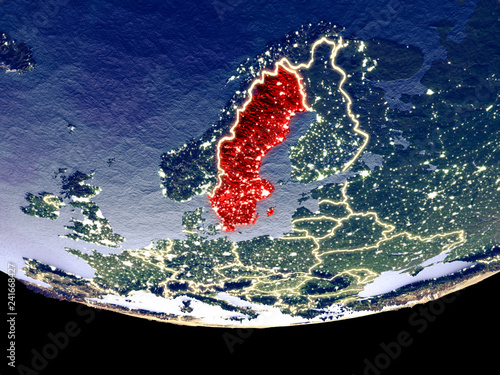 Satellite view of Sweden from space at night. Beautifully detailed plastic planet surface with visible city lights.