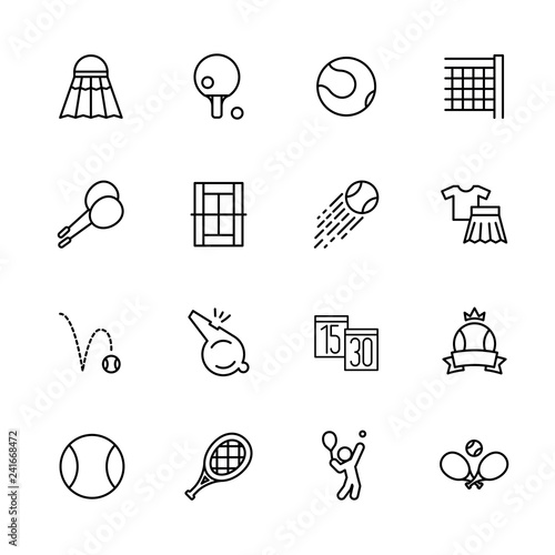 Simple set symbols tennis, badminton and pin pong. Contains such icon birdies, shuttlecock, racket, ball, playing field, whistle, net, victory, championship, game score.