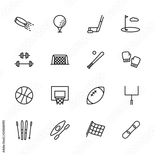 Simple set symbols sport and activity. Contains such icon hockey, golf, puck, stick, bodybuilding, barbell, baseball, boxing, skiing, snowboarding, kayaking, basketball.