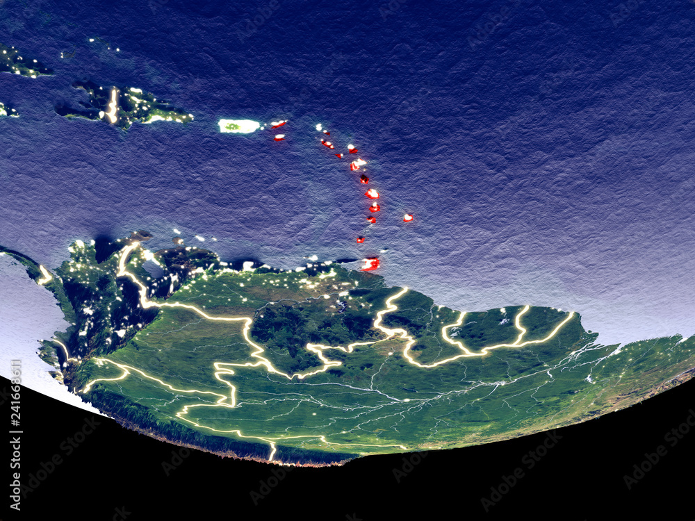 Satellite view of Caribbean from space at night. Beautifully detailed plastic planet surface with visible city lights. Satellite view of Caribbean from space at night. Beautifully detailed plastic planet surface with visible city lights.