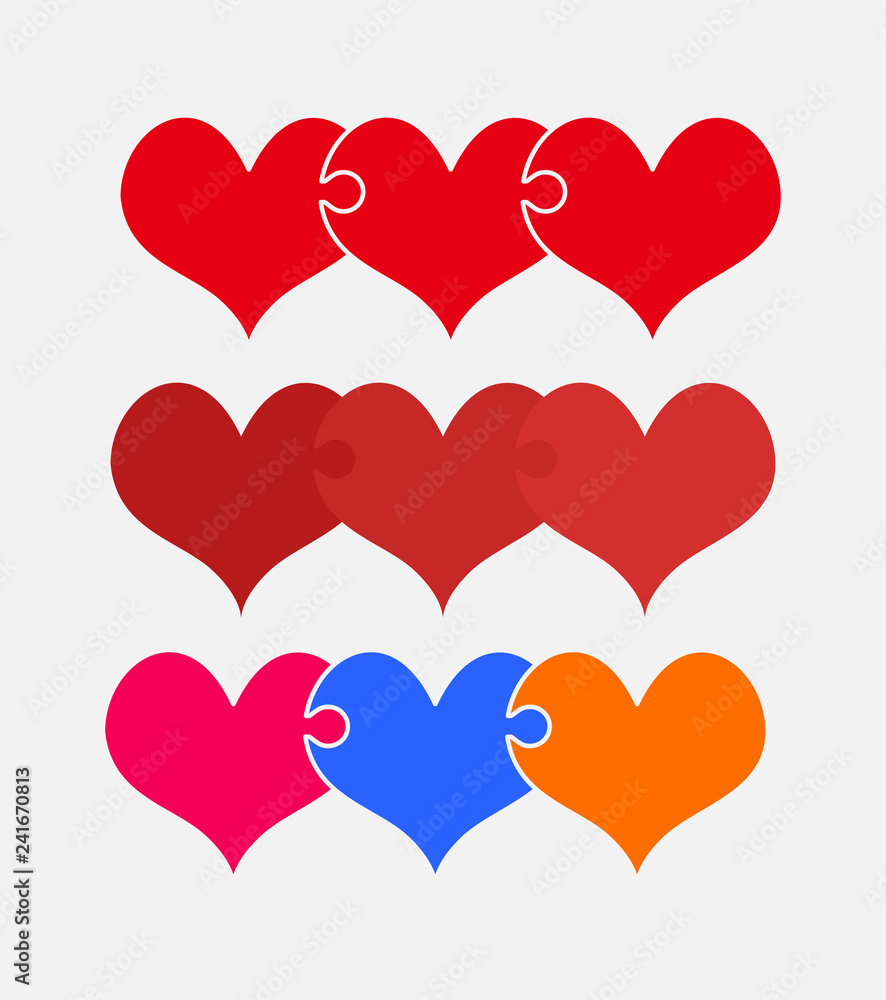 Set colorful pieces puzzle of romantic hearts. Set colorful pieces puzzle of romantic hearts.