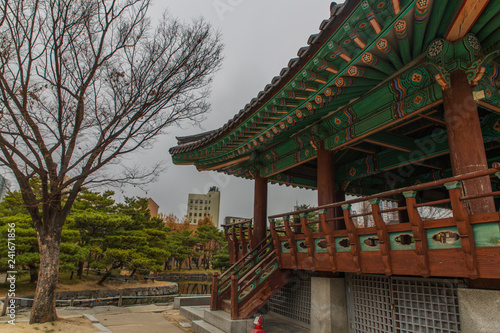 view from green pagoda in traditional Hanok korean village at fall season in Seoul  Korea