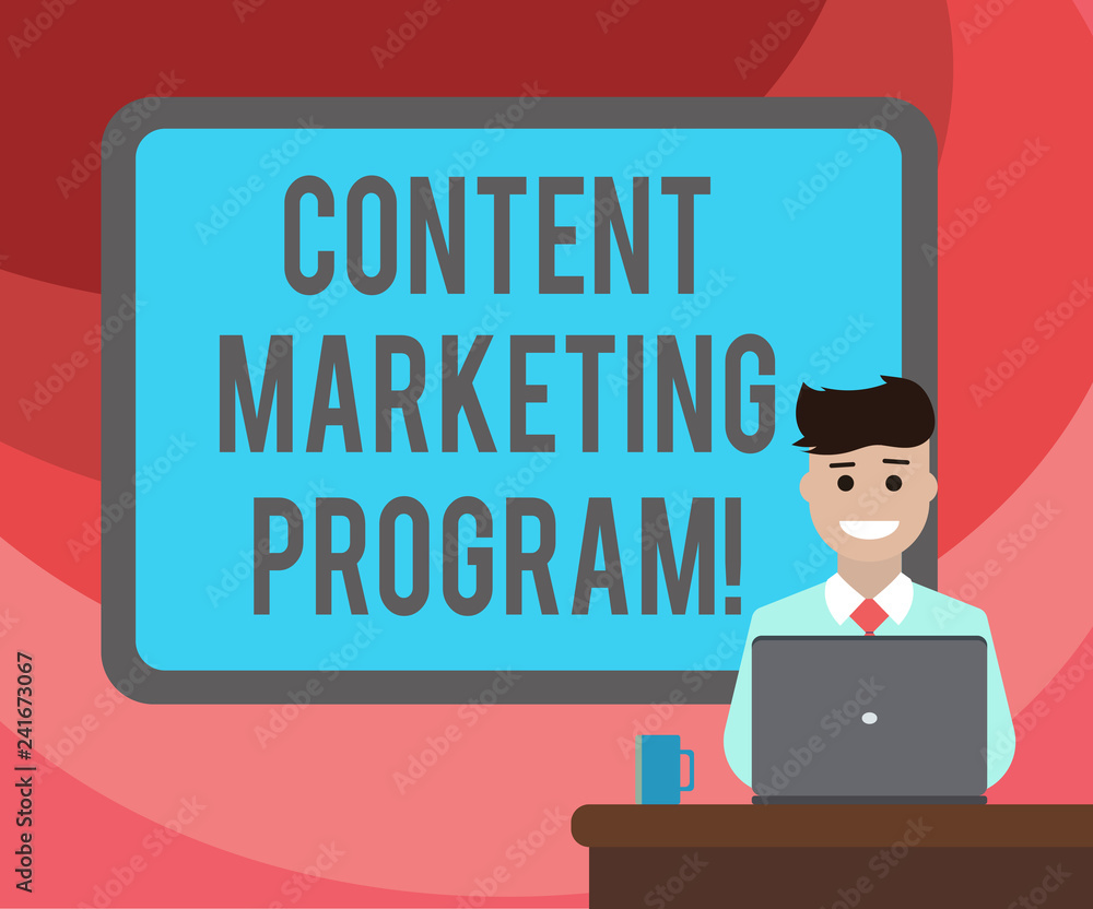Text sign showing Content Marketing Program. Conceptual photo strategic method of delivering valuable brand Blank Bordered Board behind Man Sitting Smiling with Laptop Mug on Desk Text sign showing Content Marketing Program. Conceptual photo strategic method of delivering valuable brand Blank Bordered Board behind Man Sitting Smiling with Laptop Mug on Desk