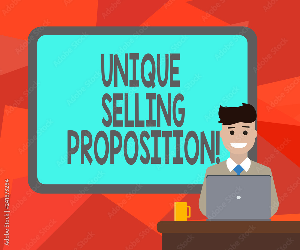 Word writing text Unique Selling Proposition. Business concept for differentiates a product from its competitors Blank Bordered Board behind Man Sitting Smiling with Laptop Mug on Desk Word writing text Unique Selling Proposition. Business concept for differentiates a product from its competitors Blank Bordered Board behind Man Sitting Smiling with Laptop Mug on Desk