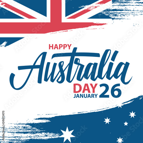 Happy Australia Day, january 26 greeting card with hand lettering and brush stroke in colors of the australian national flag. Vector Illustration.
