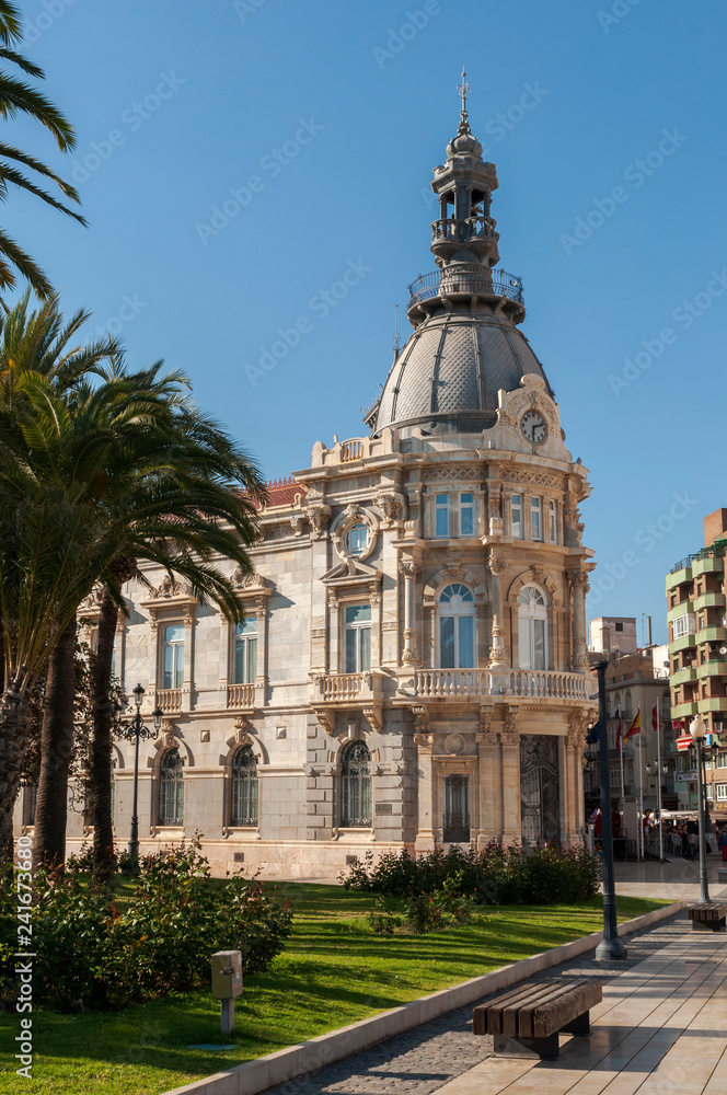 Facade of the Town Hall of Cartagena, one of the main Modernist buildings in the city. It was built between 1900 and 1907.
