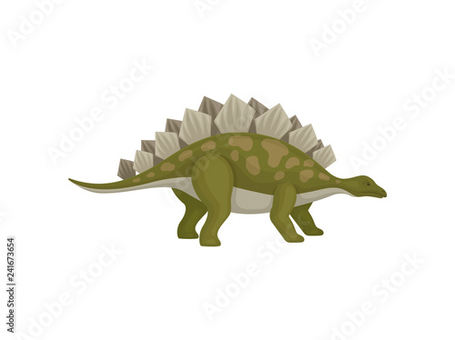 Illustration of green stegosaurus. Dinosaur with spines on back. Animal from Jurassic period. Flat vector design