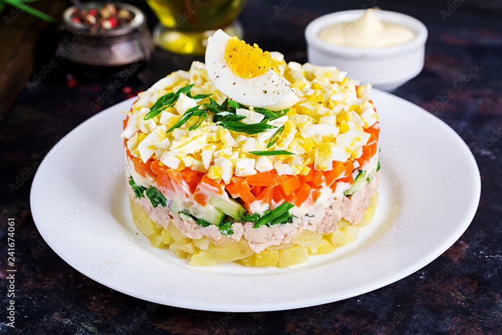 Salad of cod liver with eggs, cucumbers, potatoes, green onion and carrot in a plate. Salad of cod liver with eggs, cucumbers, potatoes, green onion and carrot in a plate.