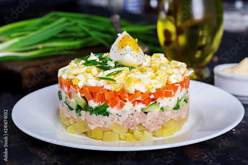 Salad of cod liver with eggs, cucumbers, potatoes, green onion and carrot in a plate.