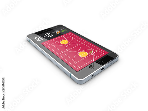 Smartphone with basketball ball and field on the screen. Sports theme and applications. 3d illustration