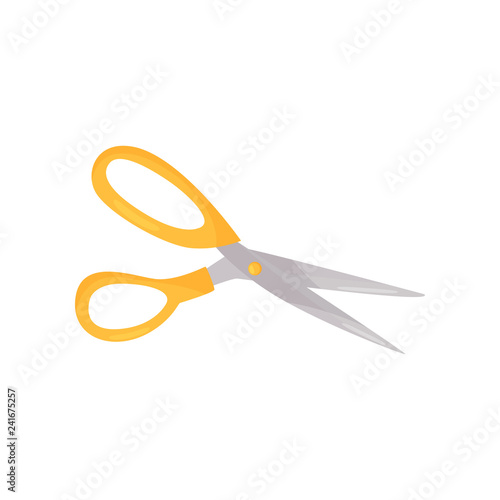Sewing scissors with bright yellow handles and sharp blades. Tool for cutting fabric. Flat vector icon