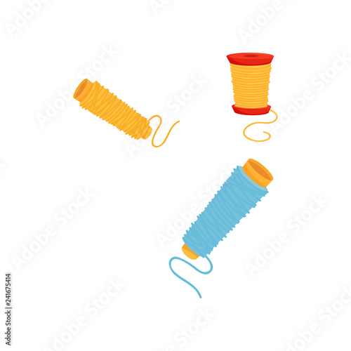 Three spools of colorful threads. Material for sewing. Flat vector element for poster or banner of needlework shop