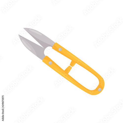 Flat vector icon of steel thread clippers with bright yellow handle. Professional working instrument of tailor