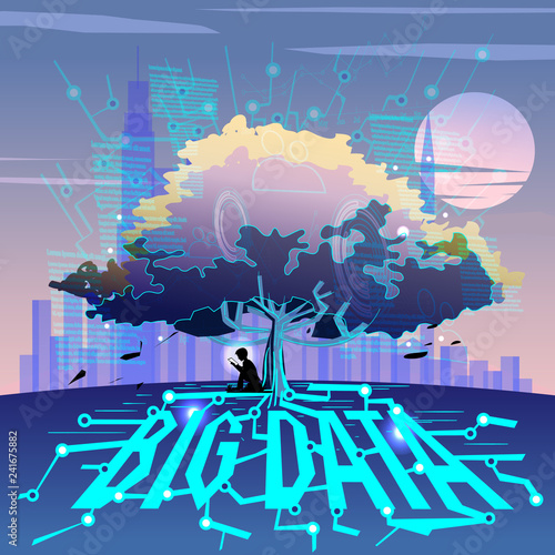 Big data. Big tree with circuit line or  binary of information as root. conccept of big data connected to big tree - vector