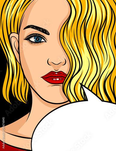 Color vector illustration of a portrait of a girl. The face of a beautiful girl with medium-length blonde hair. Modern young girl with hair styling and makeup with red lips. The girl thinks.
